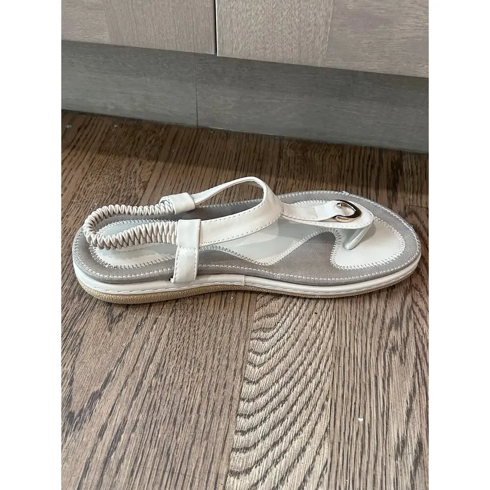 SOCOFY Bohemian T Strap Thong Sandals Beige Ankle Elastic Women Sz EU 40 US 9